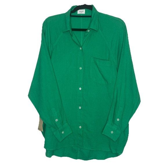 NWT Aritzia Wilfred Free Green Linen Blend Boyfriend Shirt Relaxed Fit Women's S - Picture 1 of 8